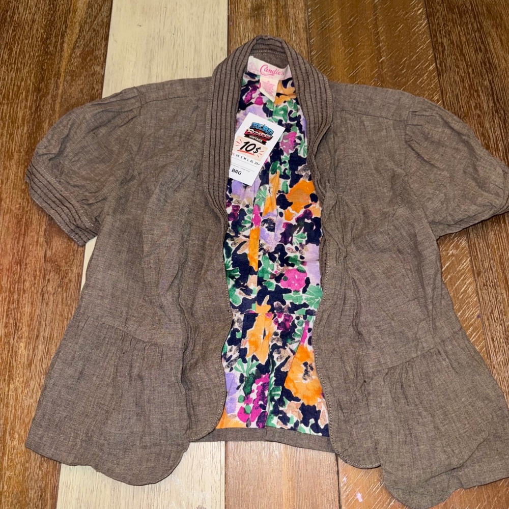 Candie's Cardigan Women S Brown Excellent Linen Blend Floral Puff Sleeve Peplum
